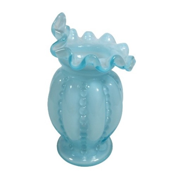Vtg Fenton Beaded Blue Glass Ruffled Overlay Tulip Jack in the Pulpit Melon Vase - Picture 3 of 10
